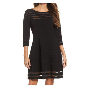 Eliza J Mesh Fit & Flare Dress 3/4 Sleeve Bateau Neck Black XS